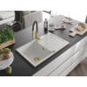 Mexen Bruno chiuvetă de granit cu un compartiment, cu picurător și baterie de bucătărie Aster, Albă - 6513-20-73450-57-G