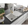 Mexen Bruno chiuvetă de granit cu un compartiment, cu picurător și baterie de bucătărie Aster, Albă - 6513-20-73450-57-B