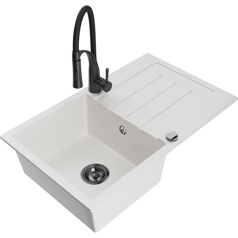 Mexen Bruno chiuvetă de bucătărie din granit cu 1 cuvă, scurgător și baterie Aster, alb - 6513-20-73450-70-B