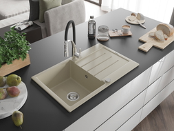Mexen Bruno chiuvetă de bucătărie din granit cu 1 cuvă, scurgător și baterie Aster, bej - 6513-69-73450-07