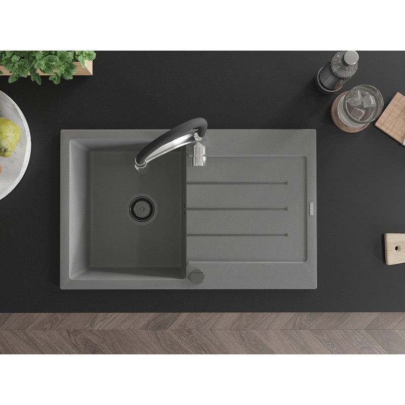 Mexen Bruno chiuvetă de granit cu 1 cameră cu scurgător și baterie de bucătărie Aster, gri - 6513-71-73450-07-B