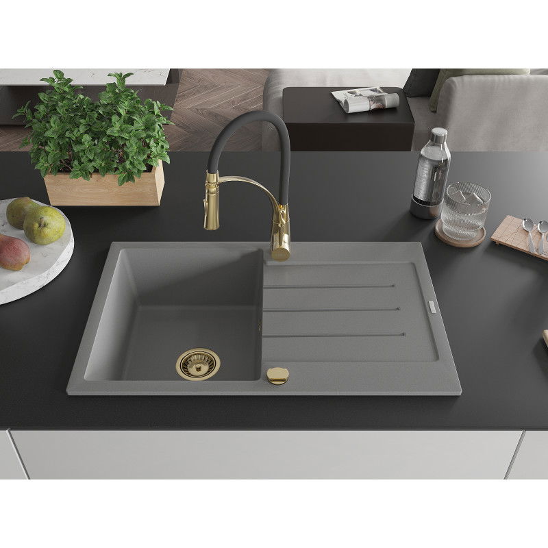 Mexen Bruno egymedencés gránit mosogató lefolyóval és Aster konyhai csapteleppel, szürke - 6513-71-73450-57-G