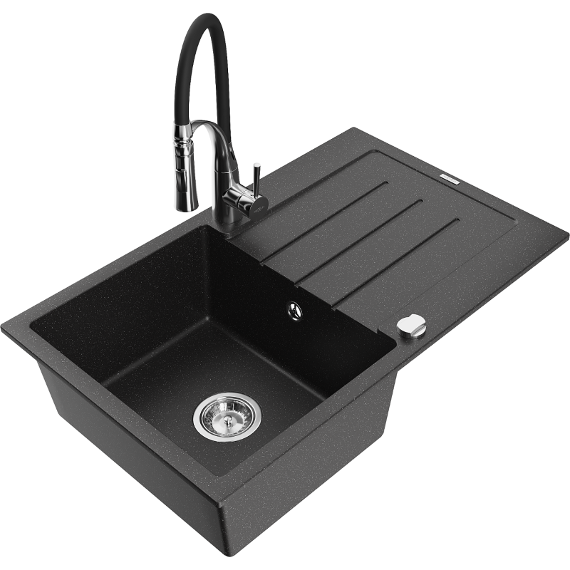Mexen Bruno chiuvetă de bucătărie din granit cu 1 compartiment, cu scurgător și baterie Aster, negru/argintiu metalizat