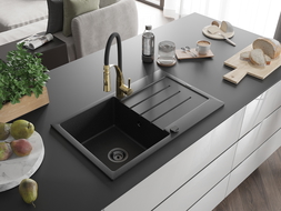 Chiuvetă de granit Mexen Bruno, 1 bazin cu scurgător și baterie de bucătărie Aster, negru/metalic argintiu - 6513-73-73450-57-B