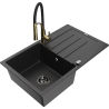 Mexen Bruno chiuvetă de granit cu 1 compartiment, cu picurător și robinet de bucătărie Aster, negru/argintiu metalizat