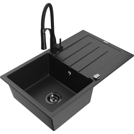 Chiuvetă granit Mexen Bruno 1-cu un picurător și baterie Bucătărie Aster, negru/argintiu metalizat - 6513-73-73450-70-B