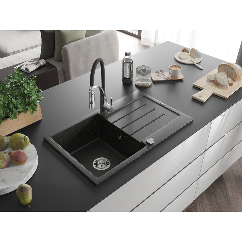 Mexen Bruno gránit mosogató 1 rekesszel, csepegtetővel és Aster konyhai csapteleppel, fekete/arany metál - 6513-75-73450-07