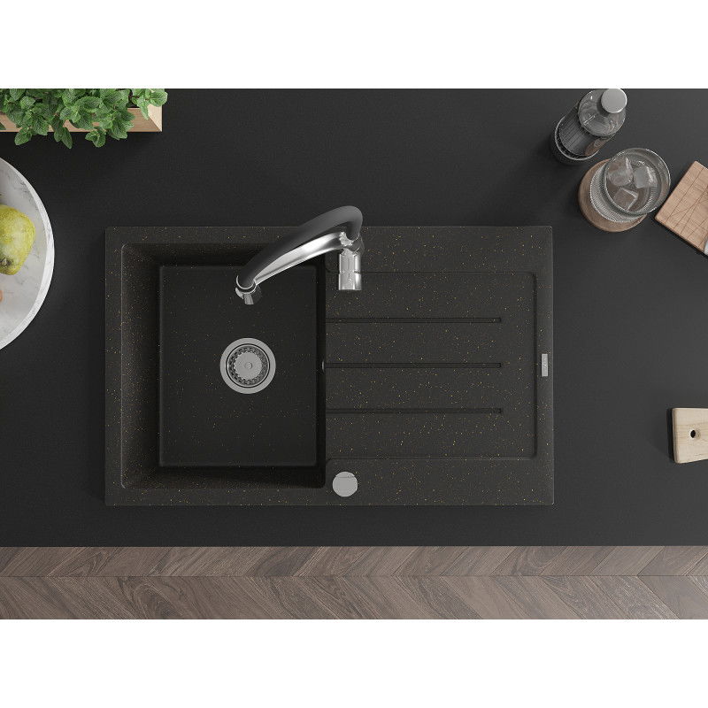 Mexen Bruno egymedencés gránit mosogató csepegtetővel és Aster konyhai csapteleppel, fekete/arany metál - 6513-75-73450-07
