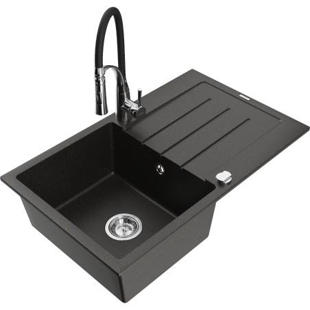 Mexen Bruno chiuvetă din granit cu 1 compartiment, cu scurgător și baterie de bucătărie Aster, negru/auriu metalic