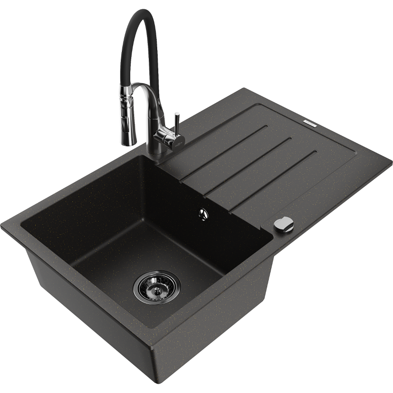 Chiuvetă din granit Mexen Bruno cu 1 cameră cu scurgător și baterie de bucătărie Aster, negru/auriu metalizat - 6513-75-73450-0?