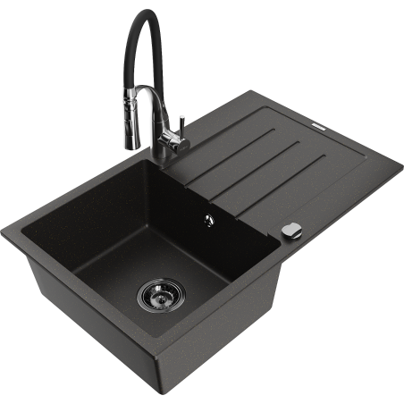 Chiuvetă din granit Mexen Bruno cu 1 cameră cu scurgător și baterie de bucătărie Aster, negru/auriu metalizat - 6513-75-73450-0?