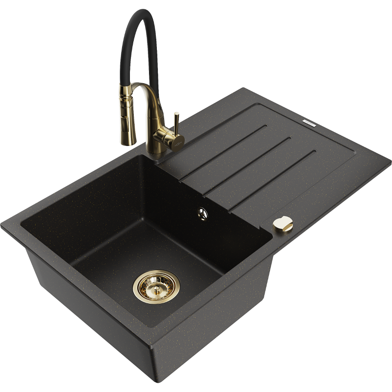 Chiuvetă granit Mexen Bruno cu o cuvă și picurător, cu baterie de bucătărie Aster, negru/auriu metalic - 6513-75-73450-57-G