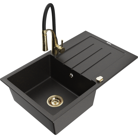 Chiuvetă granit Mexen Bruno cu o cuvă și picurător, cu baterie de bucătărie Aster, negru/auriu metalic - 6513-75-73450-57-G