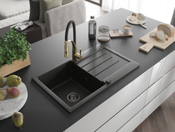 Mexen Bruno chiuvetă din granit 1-cameră cu scurgător și baterie de bucătărie Aster, negru/auriu metalic - 6513-75-73450-57-B