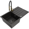 Mexen Bruno chiuvetă de granit cu 1 cuvă cu scurgător și baterie de bucătărie Aster, negru/oro metalic