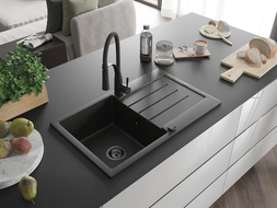 Chiuvetă granit Mexen Bruno 1 compartiment cu scurgător și baterie bucătărie Aster, negru/oro metalic - 6513-75-73450-70-B