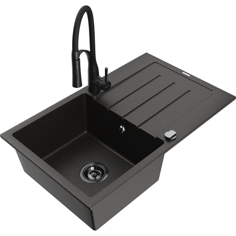 Chiuvetă granit Mexen Bruno 1 compartiment cu scurgător și baterie bucătărie Aster, negru/oro metalic - 6513-75-73450-70-B