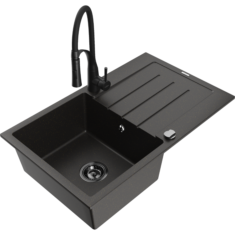 Mexen Bruno chiuvetă de granit cu o singură cuvă, cu picurător și baterie de bucătărie Aster, negru/auriu metalizat