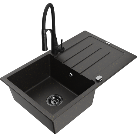 Chiuvetă granit Mexen Bruno 1 compartiment cu scurgător și baterie bucătărie Aster, negru/oro metalic - 6513-75-73450-70-B