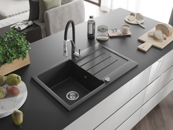 Mexen Bruno chiuvetă de granit cu 1 compartiment, cu scurgător și baterie de bucătărie Aster, negru pătat - 6513-76-73450-07