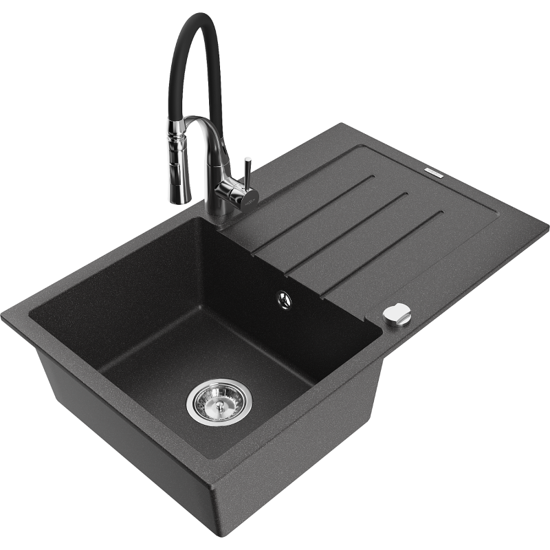 Chiuvetă granitică Mexen Bruno cu 1 compartiment cu scurgător și baterie de bucătărie Aster, negru stropit - 6513-76-73450-07