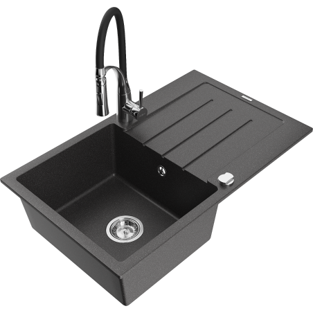 Chiuvetă granitică Mexen Bruno cu 1 compartiment cu scurgător și baterie de bucătărie Aster, negru stropit - 6513-76-73450-07