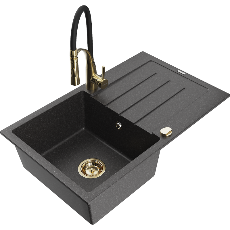 Mexen Bruno chiuvetă de granit cu 1 compartiment, cu scurgător și baterie de bucătărie Aster, negru stropit - 6513-76-73450-57-G