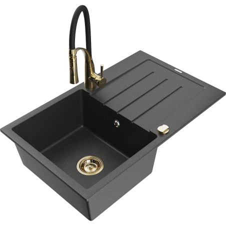 Mexen Bruno chiuvetă de bucătărie din granit cu o singură cuvă, cu scurgător și baterie Aster, neagră pătată
