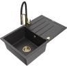 Mexen Bruno chiuvetă de bucătărie din granit cu o singură cuvă, cu scurgător și baterie Aster, neagră pătată