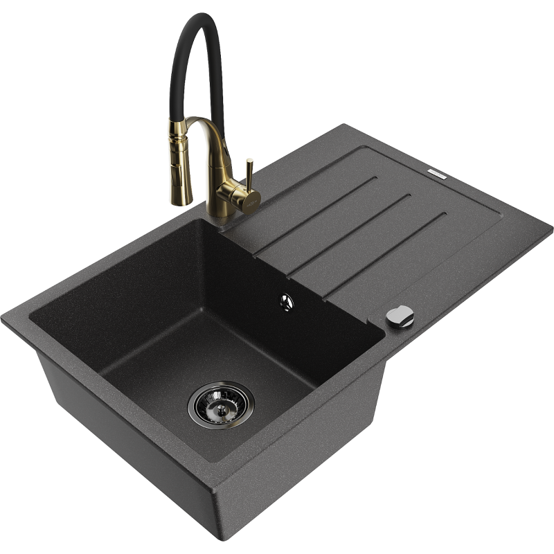 Chiuvetă de granit Mexen Bruno cu o cuvă și scurgător și baterie de bucătărie Aster, negru cu pete - 6513-76-73450-57-B