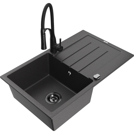 Mexen Bruno chiuvetă granit 1-cameră cu scurgător și baterie de bucătărie Aster, negru cu stropi - 6513-76-73450-70-B