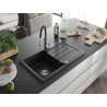 Mexen Bruno chiuvetă de granit cu 1 compartiment cu scurgător și robinet de bucătărie Aster, negru - 6513-77-73450-07