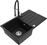 Mexen Bruno egytálcás gránit mosogató csepegtetővel és Aster konyhai csapteleppel, fekete - 6513-77-73450-07