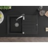 Mexen Bruno chiuvetă de granit cu un compartiment, cu picurător și baterie de bucătărie Aster, Neagră - 6513-77-73450-07