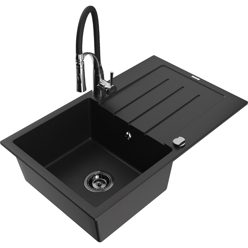 Chiuvetă de granit Mexen Bruno cu 1 compartiment, cu picurător și baterie de bucătărie Aster, negru - 6513-77-73450-07-B