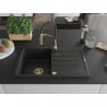Mexen Bruno chiuvetă de granit cu un compartiment, cu picurător și baterie de bucătărie Aster, Neagră - 6513-77-73450-57-G