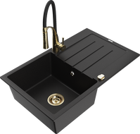 Mexen Bruno chiuvetă de granit cu 1 cuvă și picurator, cu baterie de bucătărie Aster, negru - 6513-77-73450-57-G