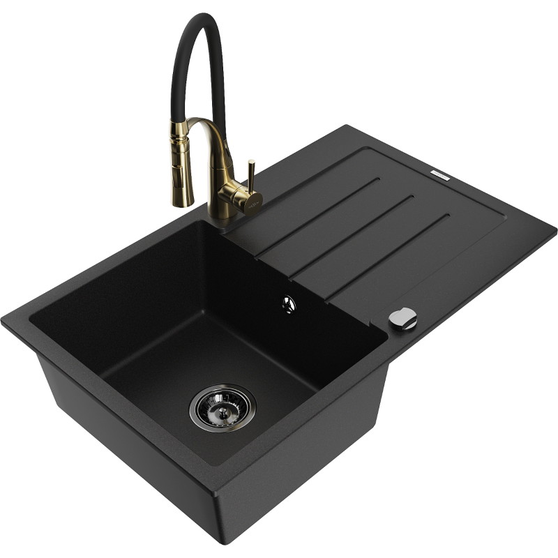 Mexen Bruno chiuvetă din granit cu 1 compartiment cu scurgător și baterie de bucătărie Aster, negru - 6513-77-73450-57-B