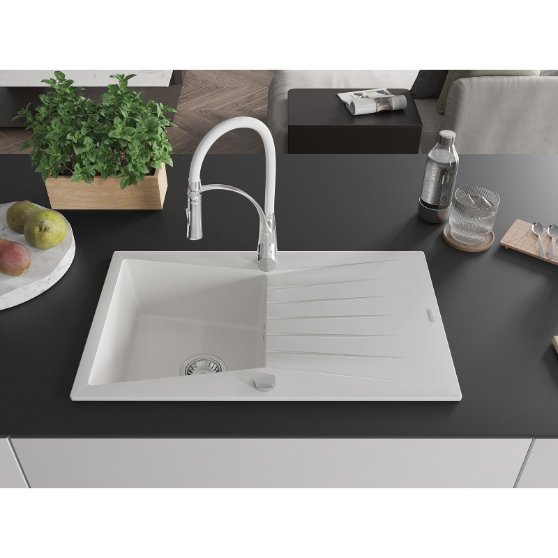Mexen Cesar chiuvetă de granit cu 1 cameră, cu scurgător și baterie de bucătărie Aster, albă - 6514-20-73450-02