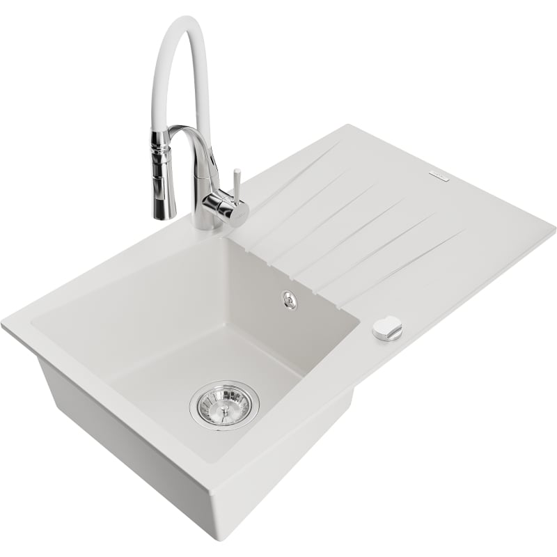 Mexen Cesar chiuvetă de granit cu 1 cameră, cu scurgător și baterie de bucătărie Aster, albă - 6514-20-73450-02