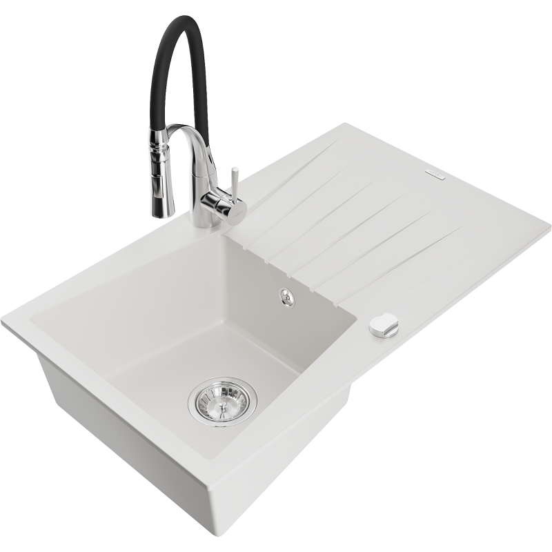 Mexen Cesar chiuvetă de granit cu o singură cuvă cu scurgător și baterie de bucătărie Aster, alb - 6514-20-73450-07