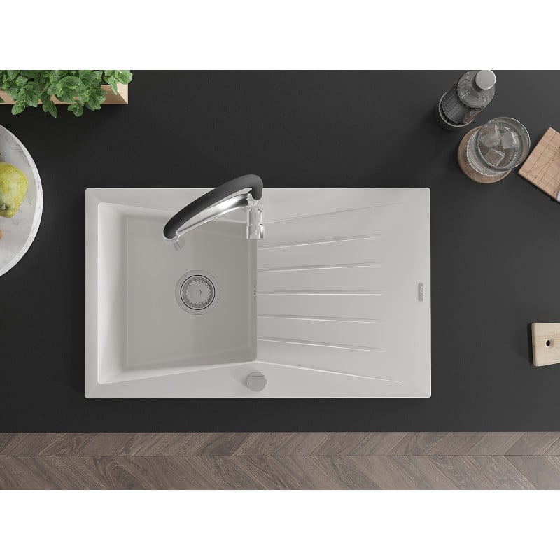 Mexen Cesar chiuvetă de granit cu o singură cuvă cu scurgător și baterie de bucătărie Aster, alb - 6514-20-73450-07