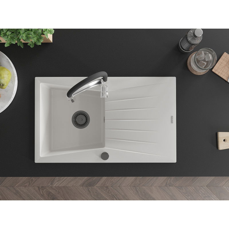 Mexen Cesar chiuvetă de granit cu 1 compartiment cu scurgător și baterie de bucătărie Aster, alb - 6514-20-73450-07-B