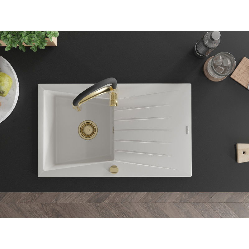 Mexen Cesar 1 rekeszes gránit mosogató csepegtetővel és Aster konyhai csapteleppel, fehér - 6514-20-73450-57-G