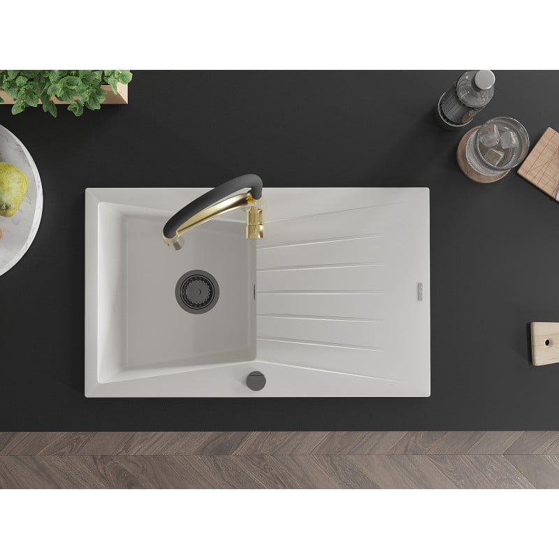 Mexen Cesar chiuvetă de granit cu 1 compartiment cu scurgător și baterie de bucătărie Aster, albă - 6514-20-73450-57-B