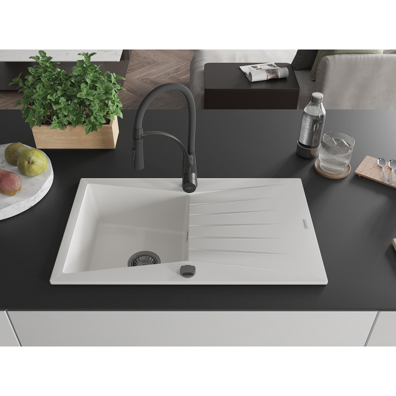 Mexen Cesar chiuvetă de granit cu 1 cuvă cu scurgător și baterie de bucătărie Aster, alb - 6514-20-73450-70-B