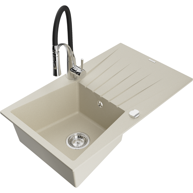 Mexen Cesar chiuvetă de granit cu 1 compartiment cu picurător și baterie de bucătărie Aster, bej - 6514-69-73450-07