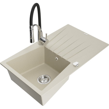 Mexen Cesar chiuvetă de granit cu 1 compartiment cu picurător și baterie de bucătărie Aster, bej - 6514-69-73450-07