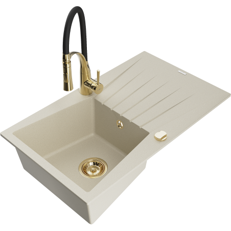 Mexen Cesar chiuvetă de granit cu 1 cuvă cu scurgător și baterie de bucătărie Aster, bej - 6514-69-73450-57-G