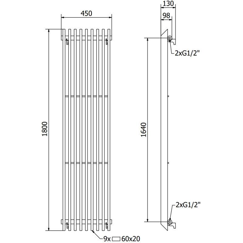 Mexen Aurora radiator decorativ 1800 x 450 mm, 1347 W, negru - W212-1800-450-00-70